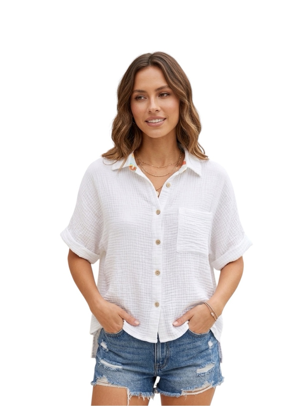 C&C California White Short-Sleeve Button-Down Cotton Gauze Shirt Size L